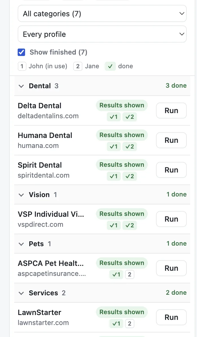 The quotes list: dental, vision, pet and services quotes, each with its results shown.